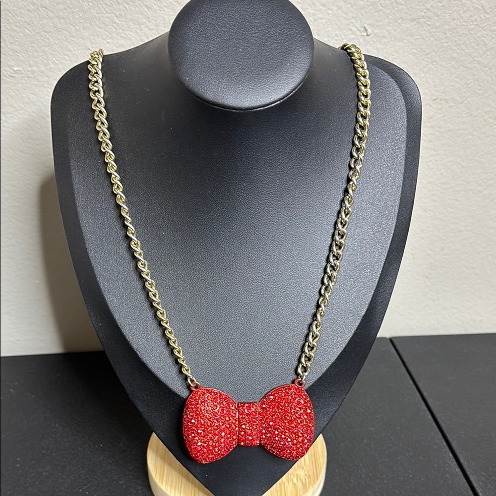 Red Minnie Mouse Red Rhinestone Bow Gold Tone Chain Necklace Cosplay
